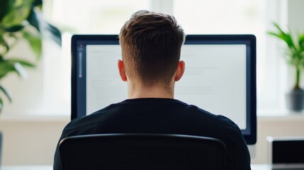 A person sits at a desk, facing a computer screen, with greenery visible in the background, suggesting a work or study environment.