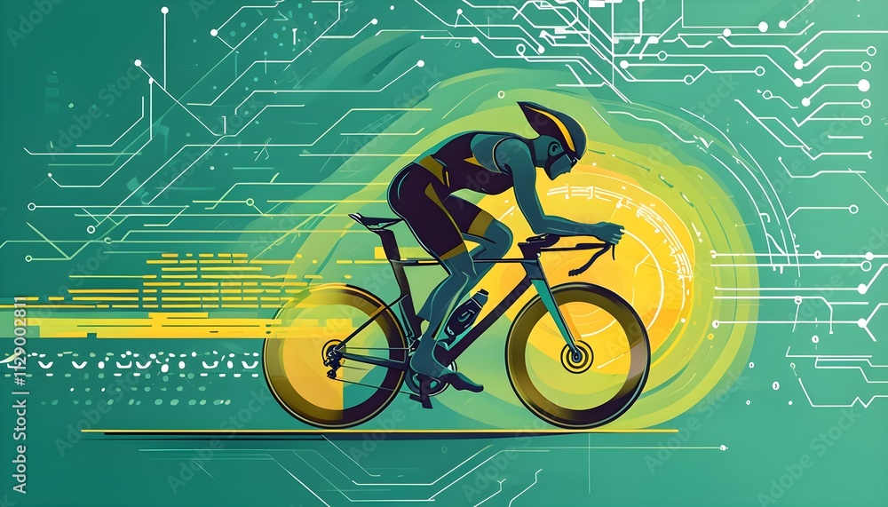 Poster cyclist silhouette on bike with vibrant dynamic lines showing motion, surrounded by data streams