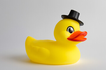 Rubber duck wearing hat. Duck hat with gray background. A duck with a yellow toy hat and gray background. A toy duck with a gray hat and yellow lifestyle background.