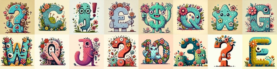 Cartoon Flowers Monster Lettering Typeface. AI generated illustration