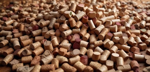 A pile of crushed wine corks in the center of a table, clutter, chaotic, spill