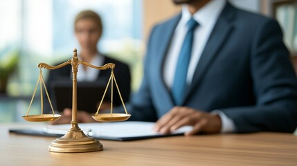 Justice and analysis, legal concept. A lawyer in a suit with a scale symbolizing justice in a modern office setting.