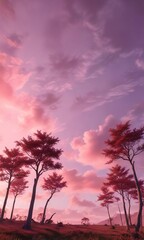 A minimalist tree line against a bright pink sky with a few wispy clouds, natural scenery, serene forest edge