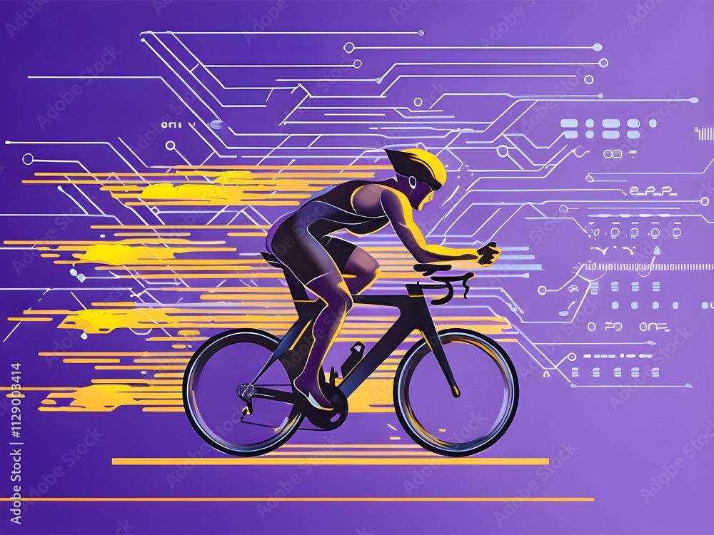 Poster cyclist silhouette on bike with vibrant dynamic lines showing motion, surrounded by data streams