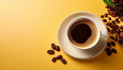 Fototapeta premium refreshing cup of coffee sitting next to a coffee bean on a soft yellow background