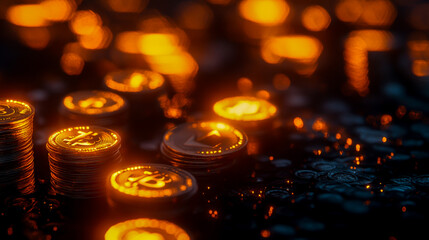 Stacks of glowing coins symbolize the power of cryptocurrency in driving digital innovation