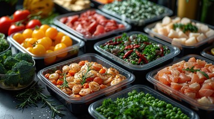 Obraz premium Plastic containers with different sorts of vegetables and seafood on dark background
