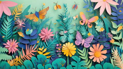 vibrant paper cut design of whimsical garden with butterflies