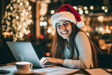 Joyful woman wearing a Santa hat working on a laptop in a festive setting with holiday lights and a warm atmosphere