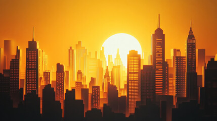Fototapeta premium serene city skyline at sunset with vibrant orange hues