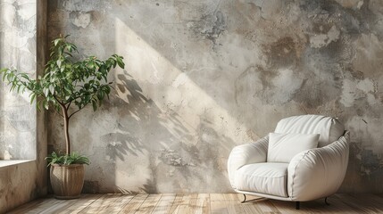 Chic interior showcasing a sleek armchair and a leafy plant beside a neutral plaster wall