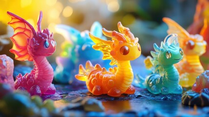 Colorful, miniature dragon figurines in a whimsical setting, illuminated by soft light, showcasing vibrant hues and playful designs.