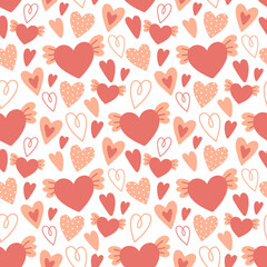 Seamless pattern of simple red hearts isolated on white for wrapping paper or fabric. Hand drawn style. Vector illustration.