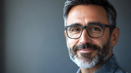 Fototapeta premium The doctor wore glasses, gray hair, and a warm smile. Position yourself against a softly lit background. Represents many years of experience