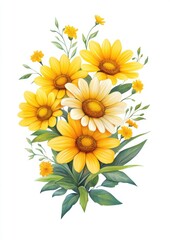 Naklejka premium A vibrant bouquet of yellow and white flowers, featuring daisies and delicate greenery, arranged beautifully against a white background.