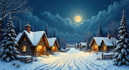 Fototapeta premium Charming winter village scene under a full moon with snow-covered cottages