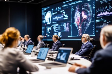Group of doctors and healthcare professionals discussing patient cases around conference table with large digital screens showing medical data.