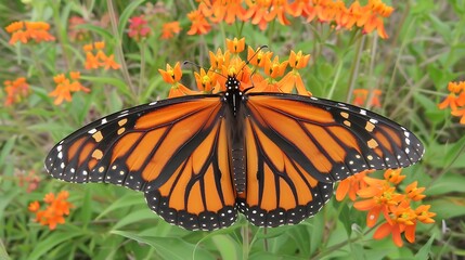 Obraz premium Monarch butterfly with wings spread wide, perched on vibrant orange flowers.