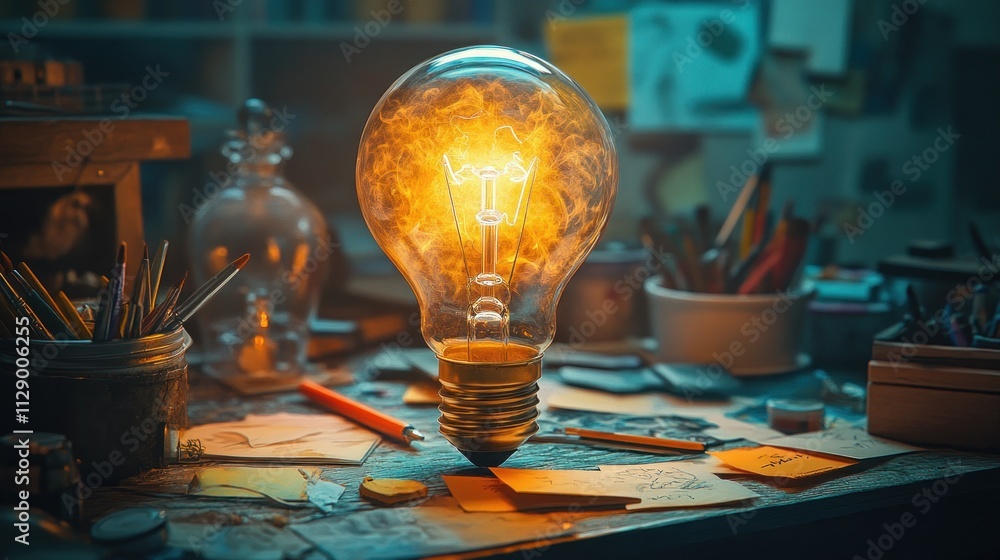 Poster a glowing light bulb illuminates a cluttered workspace filled with creative tools and notes.