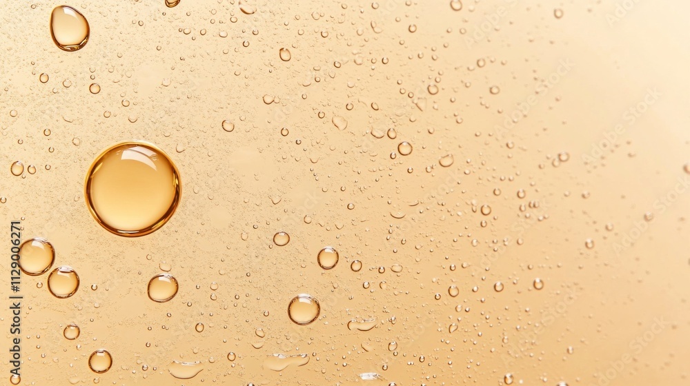 Poster bubbles and water droplets cling to a textured golden surface, creating a mesmerizing pattern. light