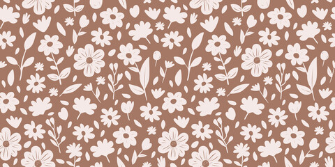 Seamless floral pattern with beige flowers and leaves on brown, Mocha Mousse color 2025 aesthetic