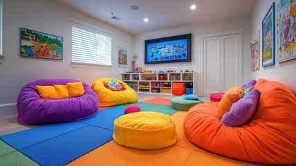 Playroom with colorful beanbag chairs and colorful floor. Concept of child friendly, modern, and fun.