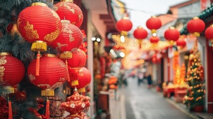 Naklejka premium A vibrant street scene with red lanterns and decorations for Chinese New Year