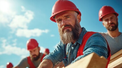 Three hardworking construction workers wearing helmets and safety gear focus on their tasks, showcasing teamwork and dedication on the job site