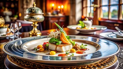 Fototapeta premium Exquisite Presentation of Luxury Cuisine on Fine China in Upscale Restaurant Setting with Elegant Tableware and Gourmet Ingredients