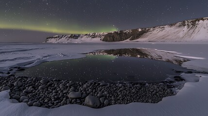 Night sky aurora borealis reflection in icy coastal pool.