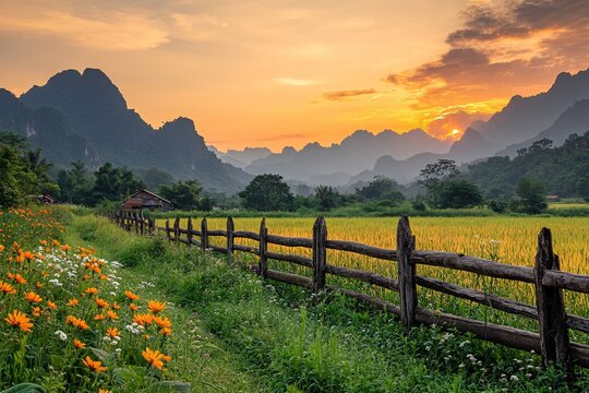A rustic countryside at sunset, warm tones of orange and gold blending in the sky, a wooden fence and wildflowers in the foreground, peaceful rural vibes 1 - Powered by Adobe