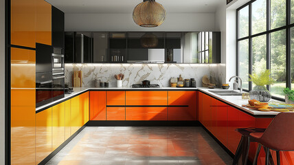 Modern U shaped kitchen with vibrant orange and yellow cabinets. Concept of contemporary design and bright kitchen.