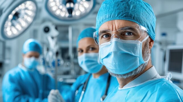 Two surgeons and an operating room nurse get ready for a surgical procedure, wearing scrubs, masks, and protective gear in a well-equipped surgical environment