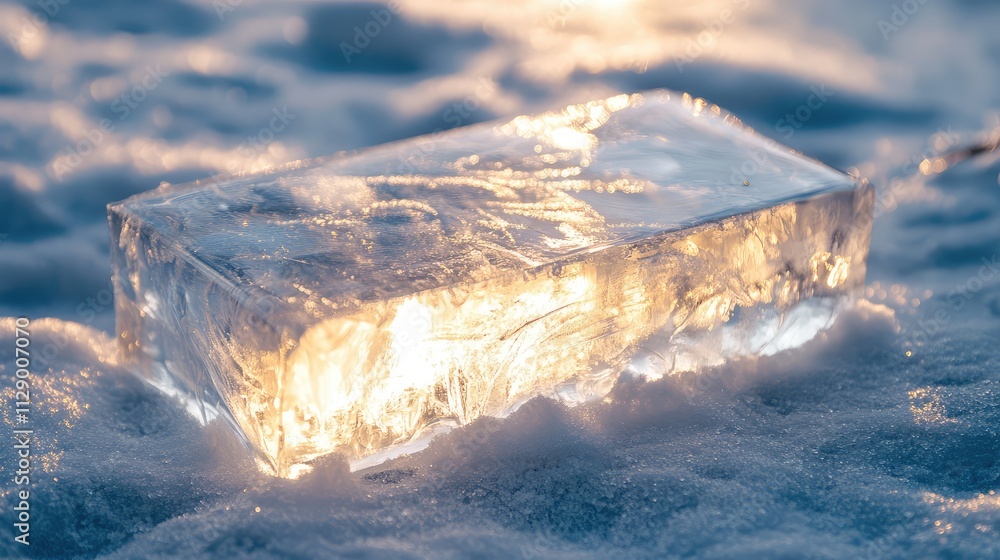 Aufkleber a pristine transparent ice block resting on a frosty surface, with sunlight reflecting and refractin