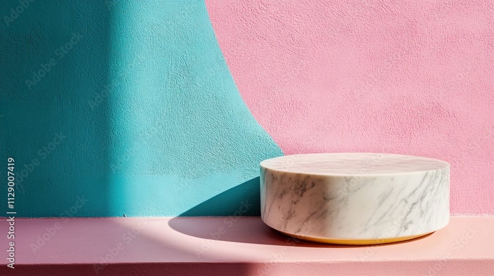 Poster marble table rests on a shelf, illuminated by natural light. wall behind it displays a vibrant pink 