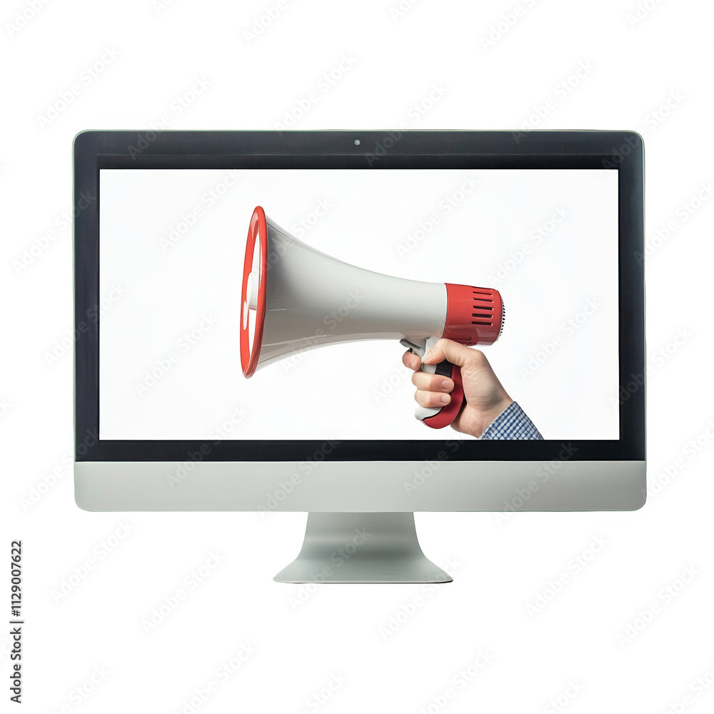 Poster digital voice. megaphone in hand on computer screen