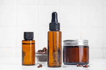 Clove natural oil essence and cosmetics for skin care, healthy natural organic beauty care