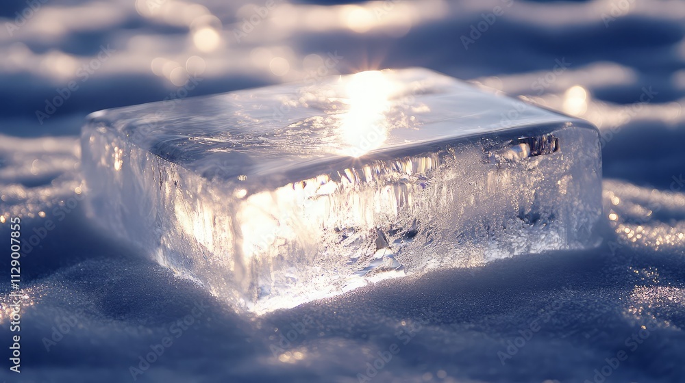 Aufkleber a pristine transparent ice block resting on a frosty surface, with sunlight reflecting and refractin