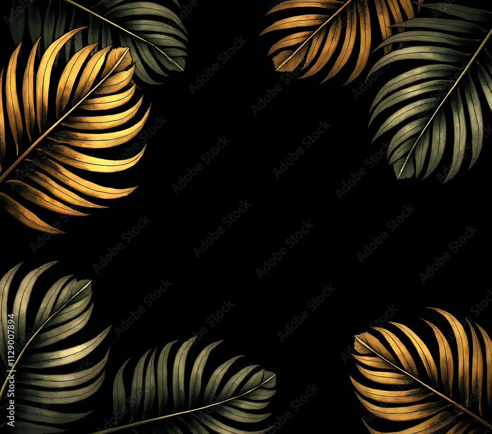 Poster monstera leaf design features tropical leaves with golden hues set against a sleek black background 