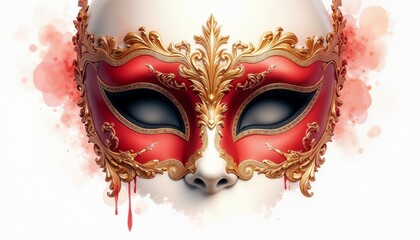 Ornate red and gold masquerade mask with intricate details and artistic background