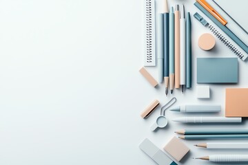Obraz premium An organized workspace featuring various office supplies. This assortment includes pens, pencils, notebooks, and other stationery items arranged for a clean and minimalist look.