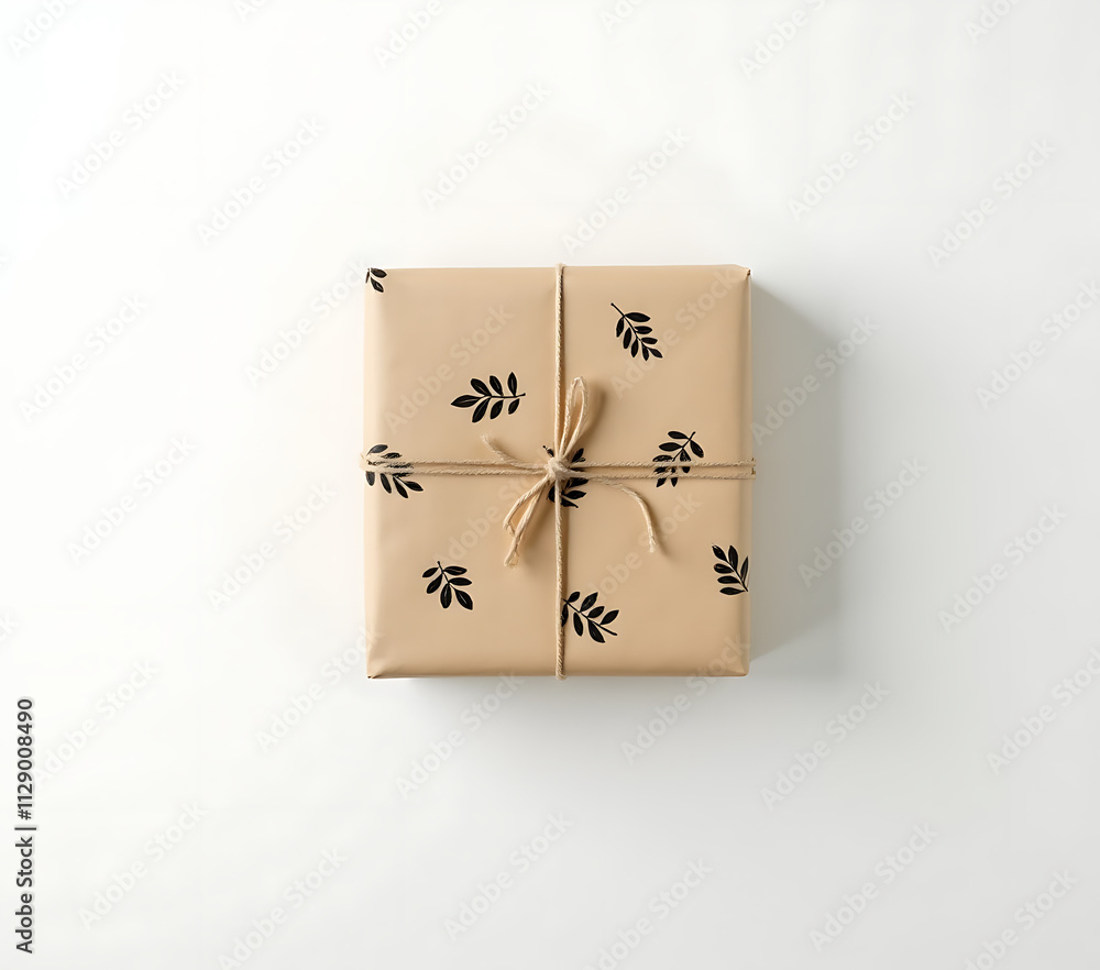 Aufkleber Minimalist gift box design features a simple wrapping of kraft paper with leaf patterns on a plain white background for flat lay concept ideas._00001_