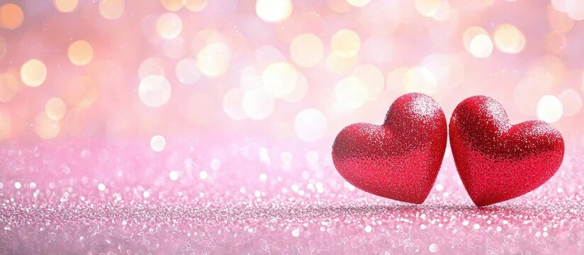 Two red hearts on a pink glittery background with bokeh lights for a Valentine's Day banner template, with copy space. 