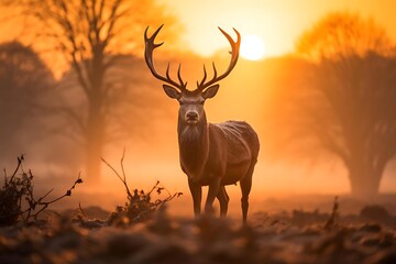 Majestic red deer stag silhouetted against a vibrant sunrise in a misty woodland.