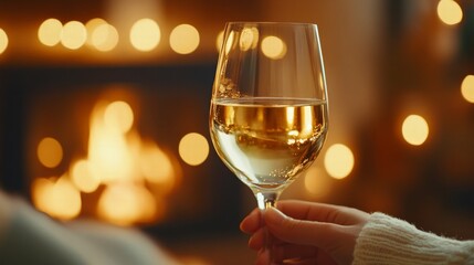 Celebratory cheers with white wine cozy living room lifestyle photo warm ambiance close-up view indoor relaxation concept