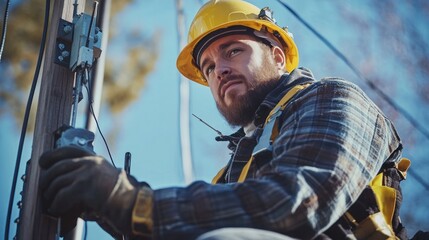 Obraz premium A lineman working on a utility pole, wearing safety gear.