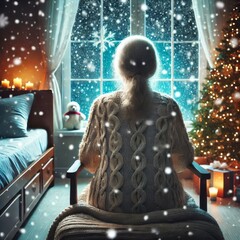 Back view of lonely old woman sitting by her selves at nursing home, Christmas time. Christmas Eve snowfall, New Year's background outside
