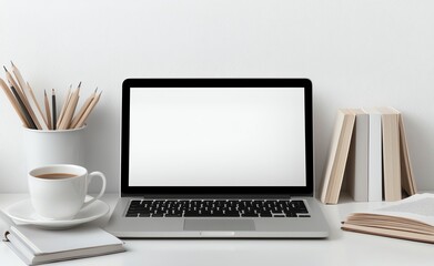 A modern workspace featuring a laptop, a cup of coffee, and neatly arranged books. The clean and minimalistic design creates a serene environment for productivity and creativity.