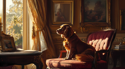 In a classical salon, a cocker spaniel's rich hues echo the warmth of polished mahogany. Echo. Illustration