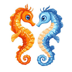 Obraz premium Underwater Love. Cartoon Orange and Blue Seahorses